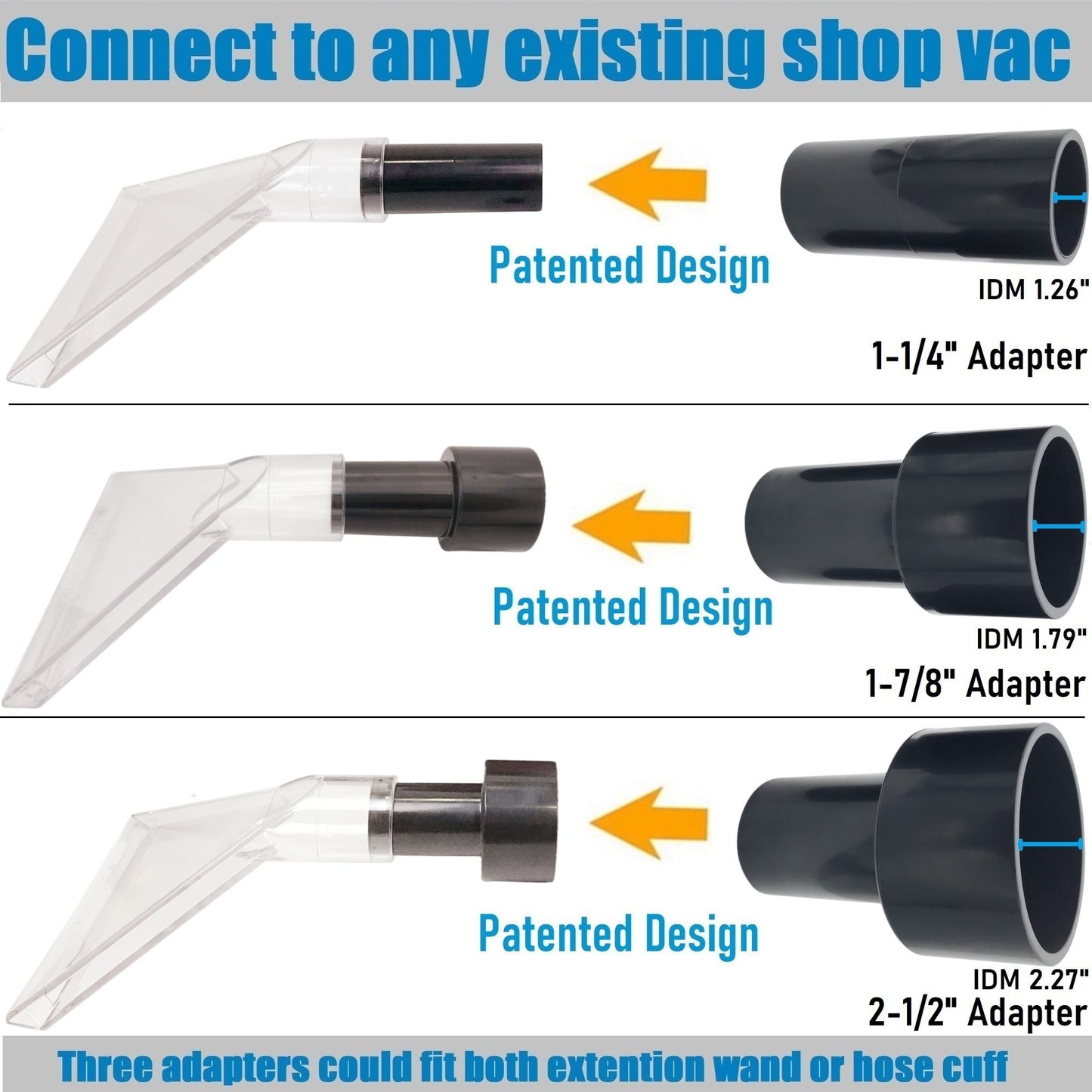 Fits All Shop Vacs Large 7-1/2" and Small 3-1/2" Width Clear Heads with Three Adapters 2-1/2"&1-7/8" &1-1/4" for Upholstery & Carpet Cleaning and Auto Detailing