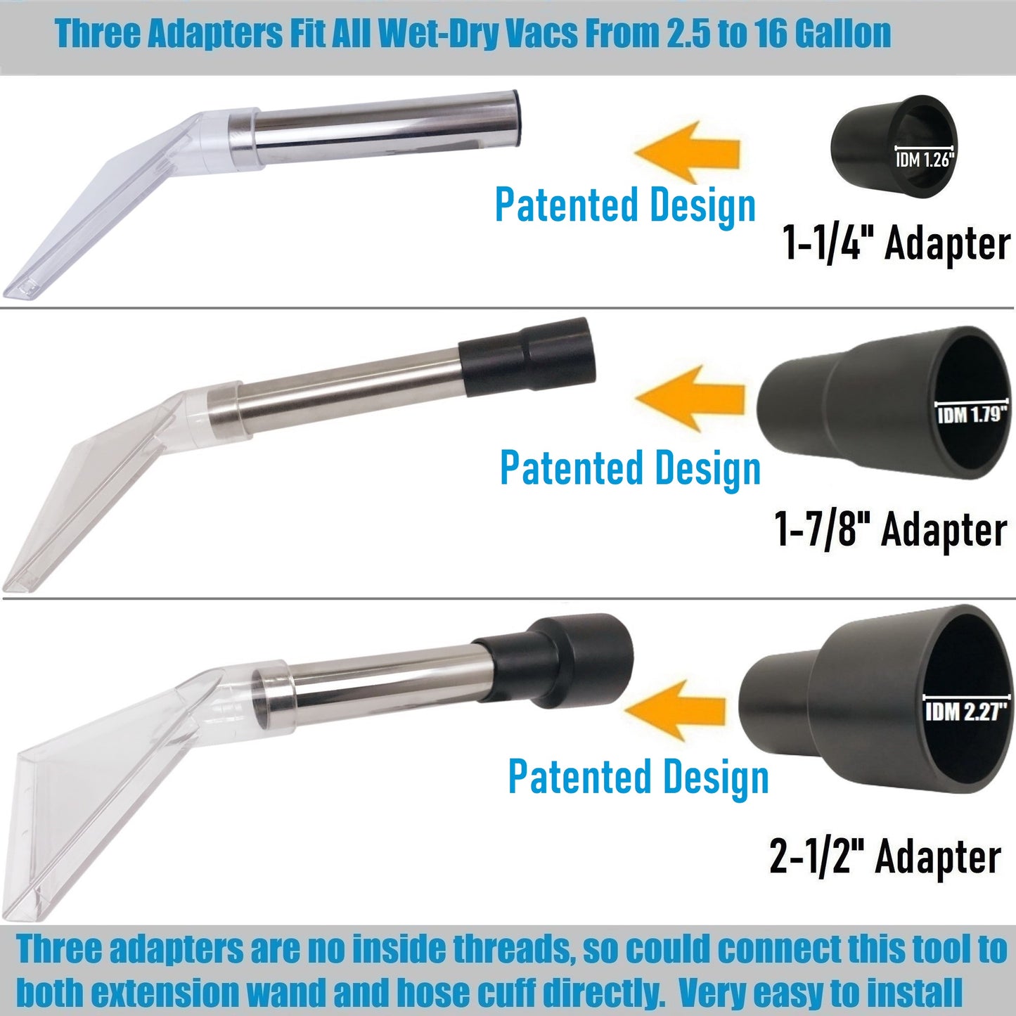 Fits All Shop Vacs Extractor tool Large 7-1/2" and Small 3-1/2" Clear Heads with Three Adapters 2-1/2" & 1-7/8" &1-1/4" for Upholstery & Carpet Cleaning and Auto Detailing