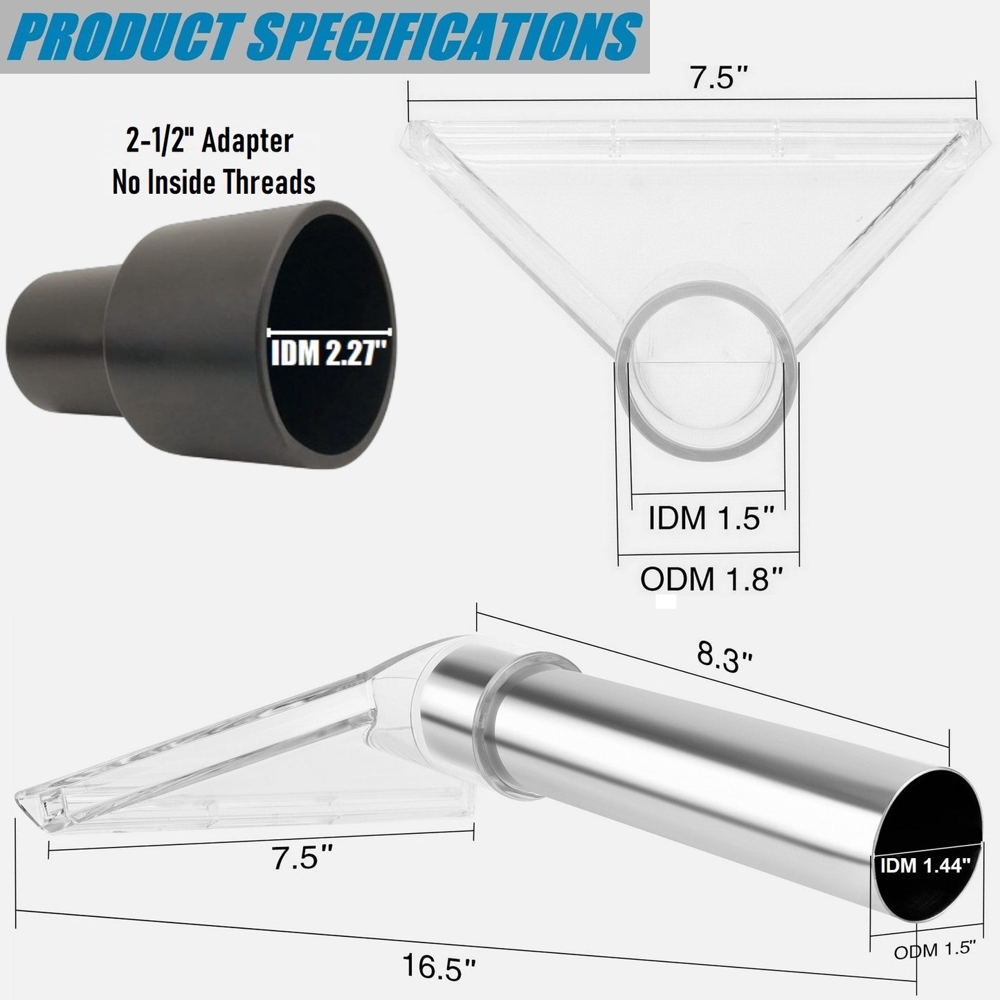 Large Extractor tool with 2-1/2" Adapter and with 7-1/2" Clear Head for Upholstery & Carpet Cleaning and Auto Detailing