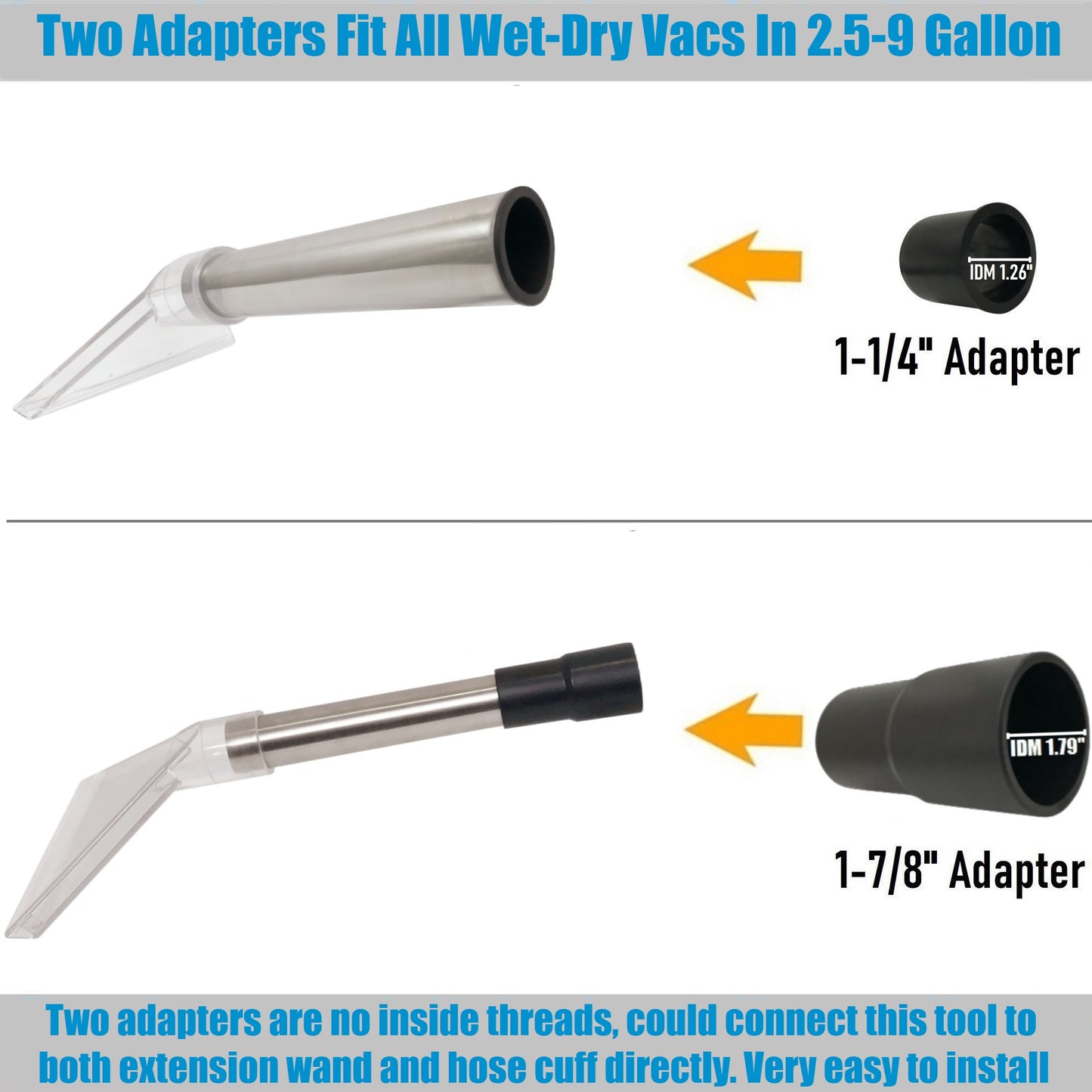 Large Extractor tool with Two Adapters 1-7/8" &1-1/4" and with 7-1/2" Clear Head for Upholstery & Carpet Cleaning and Auto Detailing