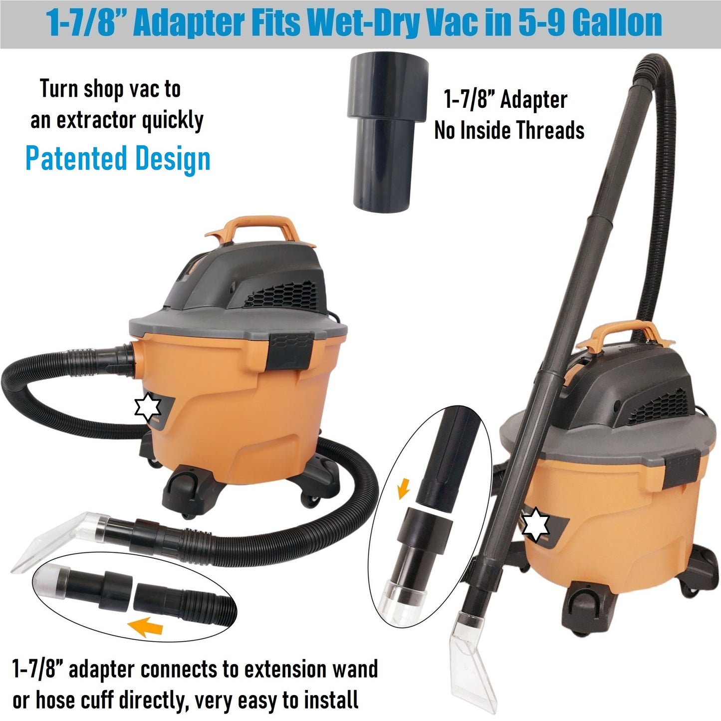 No.1 Fits All Shop Vacs Small 3-1/2" Width Clear Head with Three Adapters 2-1/2"&1-7/8" &1-1/4" for Upholstery & Carpet Cleaning and Auto Detailing