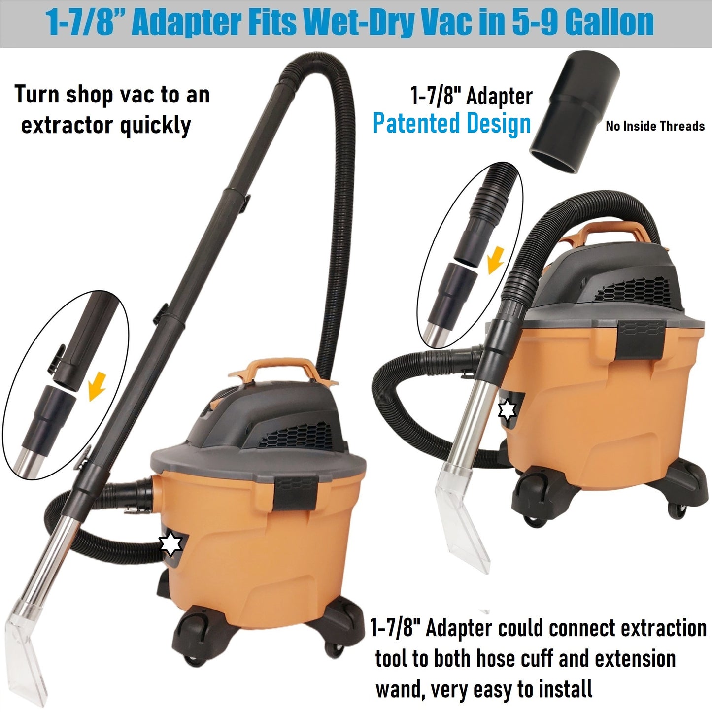 Small Extractor tool with Two Adapters 1-7/8" &1-1/4" and with 3-1/2" Clear Head for Upholstery & Carpet Cleaning and Auto Detailing